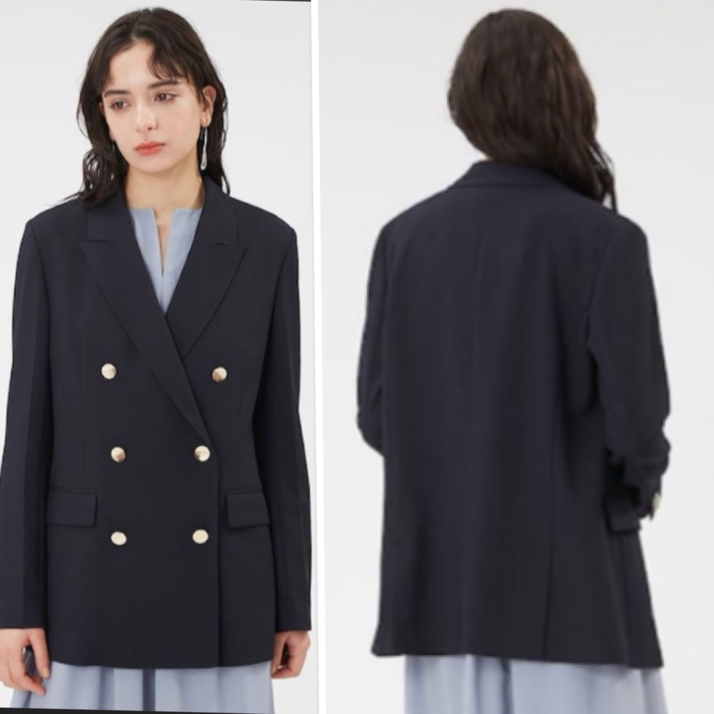 FRAY I.D Japan SNIDEL Double Breasted Tailored Blazer Gold Tone Buttons In NVY 0